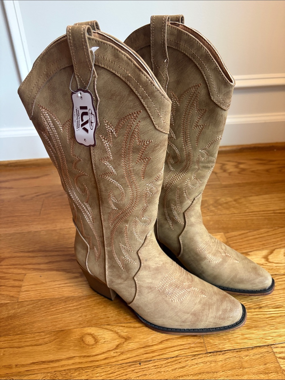 Women's Suede Tan Western Heeled Boots - Classic Embroidered Shaft